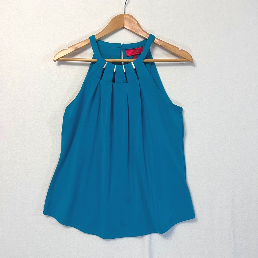 Jennifer Lopez Sleeveless Halter Top Teal Green XS Pleated Metal Accents